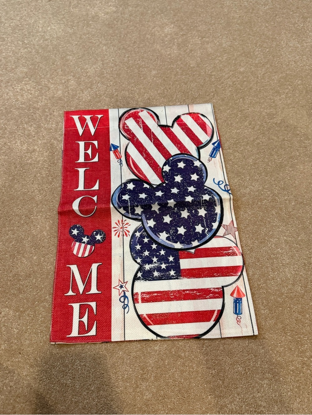 Welcome Patriotic Mickey-Style Decorative Garden Flag. Red, White & Blue
